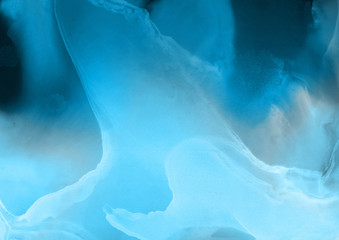 Hand painted blue alcohol ink background. Abstract delicate winter season texture. Contemporary wallpaper. 