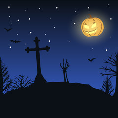 Halloween and horror party. The hand of a skeleton climbs from a grave under a cross. Glowing pumpkin instead of a moon in night starry sky. Dark background with scary tree, bats and Jack-o-lanterns.