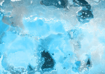 Hand painted blue alcohol ink background. Abstract delicate winter season texture. Contemporary wallpaper. 