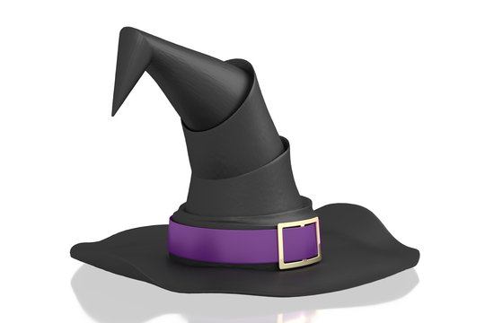3D black witch hat with violet ribbon - isolated on white background