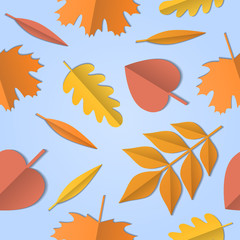 Seamless pattern of autumn leaves of different tree, paper art with shadows, on light blue background. Vector illustration for fabric print, wallpaper