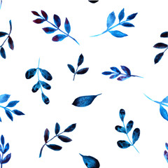 Fototapeta na wymiar Watercolor blue leaves seamless pattern on white background. Endless dark blue foliage textile print.