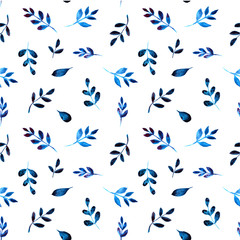 Fototapeta premium Watercolor blue leaves seamless pattern on white background. Endless foliage textile print.