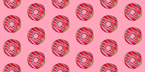 Hand drawn watercolor colored donuts in the glaze on a white background. Seamless pattern, sketch set, frame. Sweet food