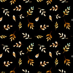 Obraz na płótnie Canvas Watercolor brown leaves seamless pattern on black background. Endless autumn textile print.