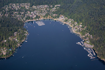 Aerial view on the luxury homes in Deep Cove by the Ocean Inlet. Taken in North Vancouver, British Columbia, Canada, during a summer morning.