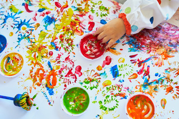 Hand of little girls painting with fingers
