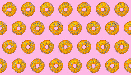 Hand drawn watercolor colored donuts in the glaze on a white background. Seamless pattern, sketch set, frame. Sweet food