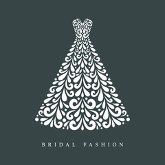 A-line silhouette wedding dress. Vector floral decoration made from swirl shapes. Simple decorative gray and white illustration.