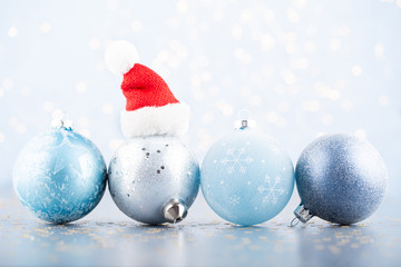 Christmas ball background. Greeting card decorations on a blue background.