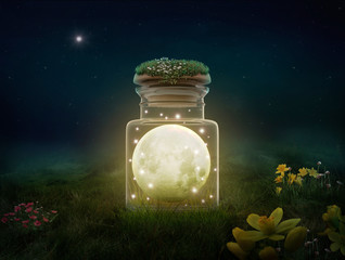 Fantasy moon inside a bottle at night