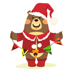 Christmas cute bear in a suit holds bright geometric flags. Vector cartoon bear isolate on a white background.