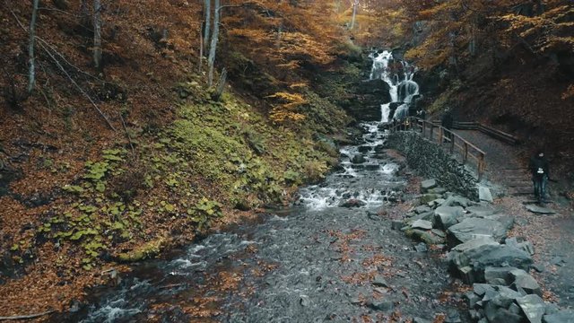 foaming waterfall cascade falls from rocky hill and flows along path with wooden handrails on autumn day upper view. Shipot waterfall, Carpathian mountains. 4K