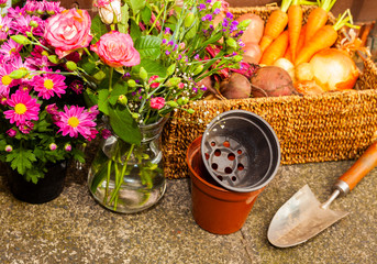 gardening with tools growing organic vegetables and flowers on the allotment for healthy eating and country living home grown food and flowers