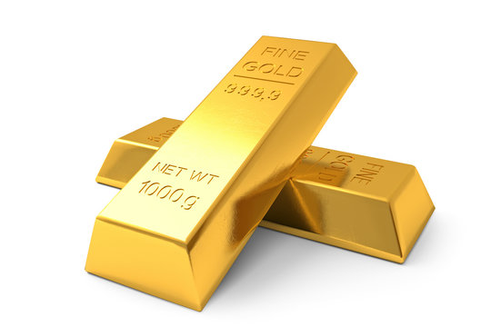 Two Gold bars on a white background closeup. 3d generated image