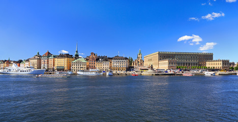 Scenic view of Stockholm's Old Town (Gamla Stan) with a passenger ship on the foreground, Sweden