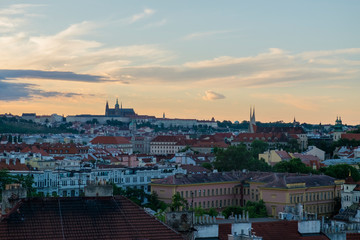 View of Prague Castle over Vltava river from Vysehrad Castle in the evening. Prague, Czech Republic