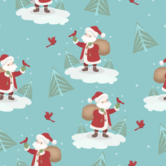Seamless pattern with santa claus and birds. For wrapping paper or fabric. Vector graphics.