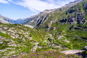 Fototapeta na wymiar Beautiful landscape at Grimsel pass - mountain road in Swiss Alps, Switzerland