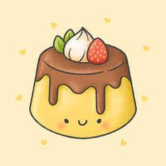 Cute pudding with strawberry whip cream dessert cartoon hand drawn style