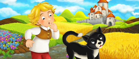 Fototapeta na wymiar Cartoon scene - cat traveling to the castle on the hill with young boy farmer - illustration for children