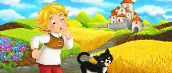 Obraz na płótnie Canvas Cartoon scene - cat traveling to the castle on the hill with young boy farmer - illustration for children