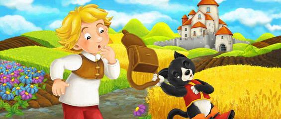 Fototapeta na wymiar Cartoon scene - cat traveling to the castle on the hill with young boy farmer - illustration for children