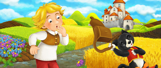 Obraz na płótnie Canvas Cartoon scene - cat traveling to the castle on the hill with young boy farmer - illustration for children