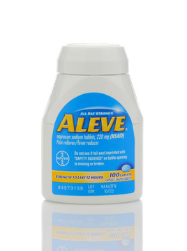 IRVINE, CALIFORNIA - MAY 22, 2019:  A bottle of Aleve Caplets, a Naproxen Sodium pain reliever from Bayer.