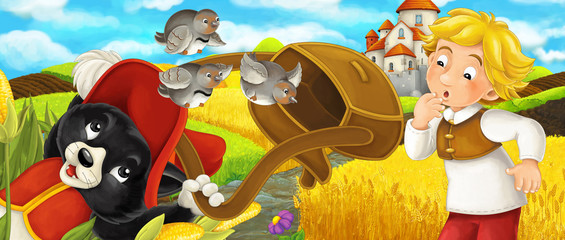 Cartoon scene - cat traveling to the castle on the hill with young boy farmer - illustration for children