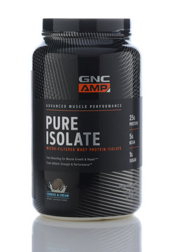 IRVINE, CALIF - SEPT 12, 2018: GNC AMP Pure Isolate Cookies and Cream Flavor. Micro-Filtered Whey Protein for Muscle Growth and Repair.