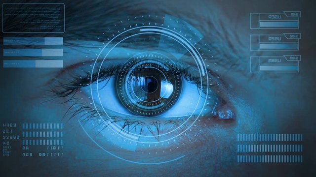 Human eye with futuristic vision system. Control and protection of persons, control and security in the accesses technology. Concept of vision control and protection. Stylized blue cold tint color.