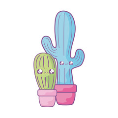 set of cactus tropicals in pot plants kawaii style