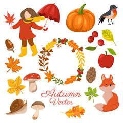 Autumn elements collection with decorative wreath. vector illustration
