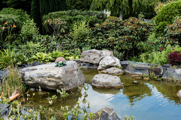 Fototapeta na wymiar wet stones in pond with water near green bushes in park