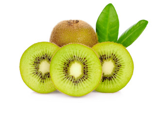 Naklejka na ściany i meble A whole and slices of kiwi fruits with green leaf isolated on white background.
