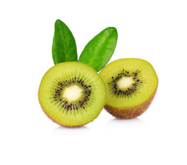 Slices of Kiwi fruits and green leaf isolated on white background