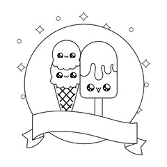 ice creams in frame circular with ribbon kawaii style