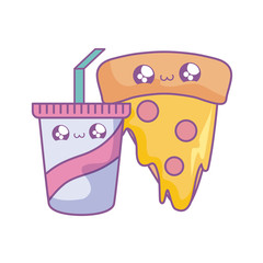 slice of delicious pizza with drink kawaii style