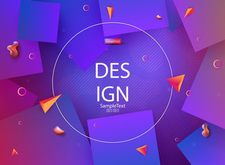 Abstract geometric blue background with a set of squares, small triangles and circles