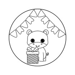 cute hippopotamus with gift box and garlands