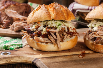 Homemade pulled pork burger with coleslaw salad