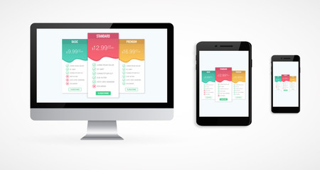 Set of modern digital LCD computer screen, tablet and phone with a price comparison table for 3 products and services with description and icons.