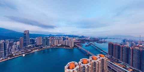 Naklejka premium Panorama aerial view of Hong Kong landscape in Tsuen Wan District