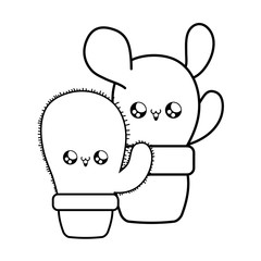 set of cactus tropicals in pot plants kawaii style