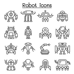 Robot icon set in thin line style