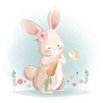 Cute Rabbit Holding a Carrot
