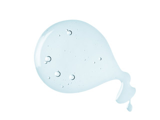 Blue cosmetic gel texture with bubbles. Clear liquid drop isolated on white background