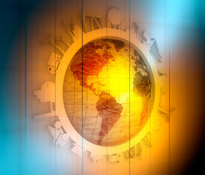 Circle with industry relative silhouettes. Objects located around the circle. Industrial design background. Earth globe in the center. 3D rendering