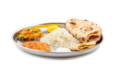 Indian Traditional Special Thali Food Also Know as Punjabi Thali, North Indian Thali or Indian Veg Thali Isolated on White Background